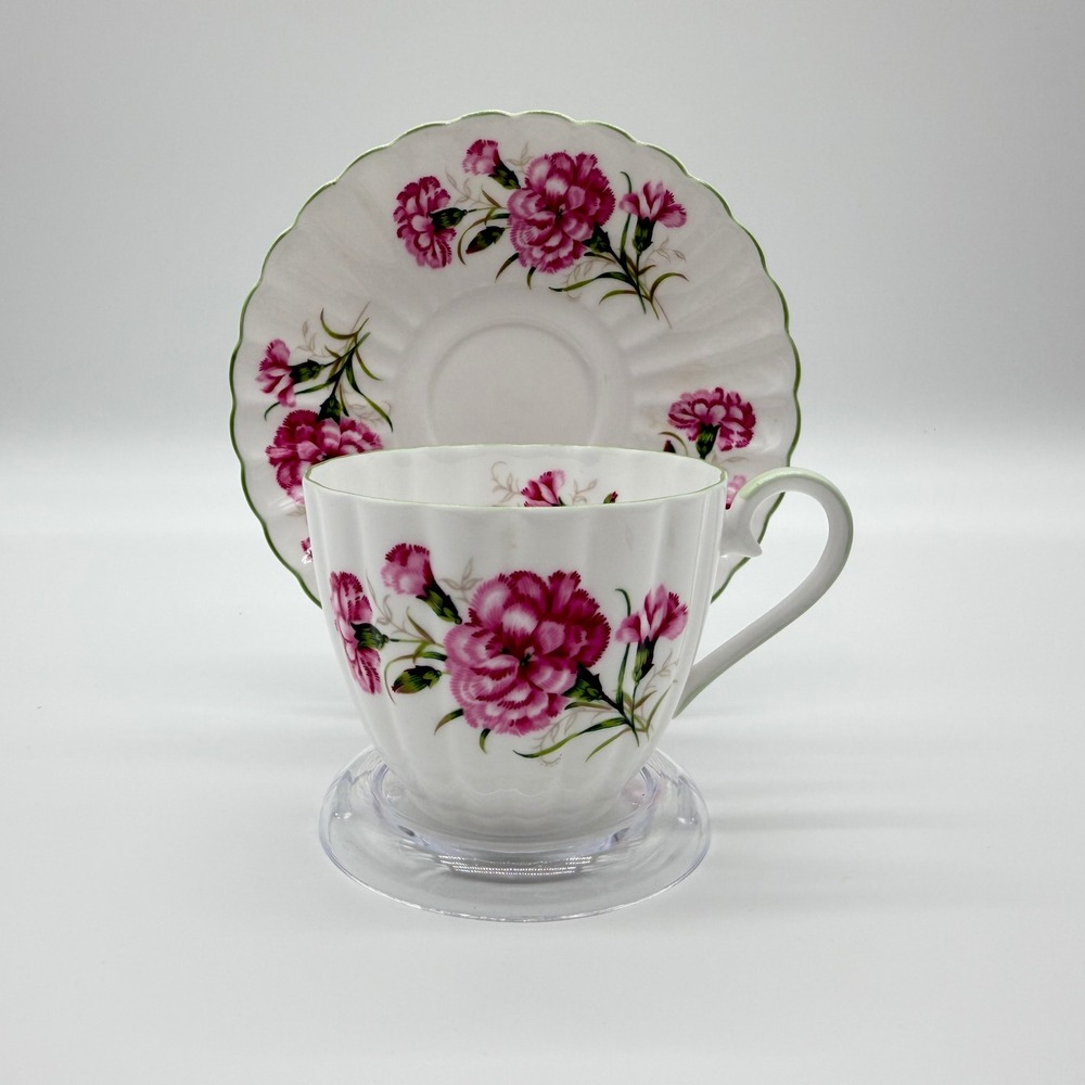 Vintage Tuscan Bone China Teacup Set: Pink Carnation Floral, January Birthday